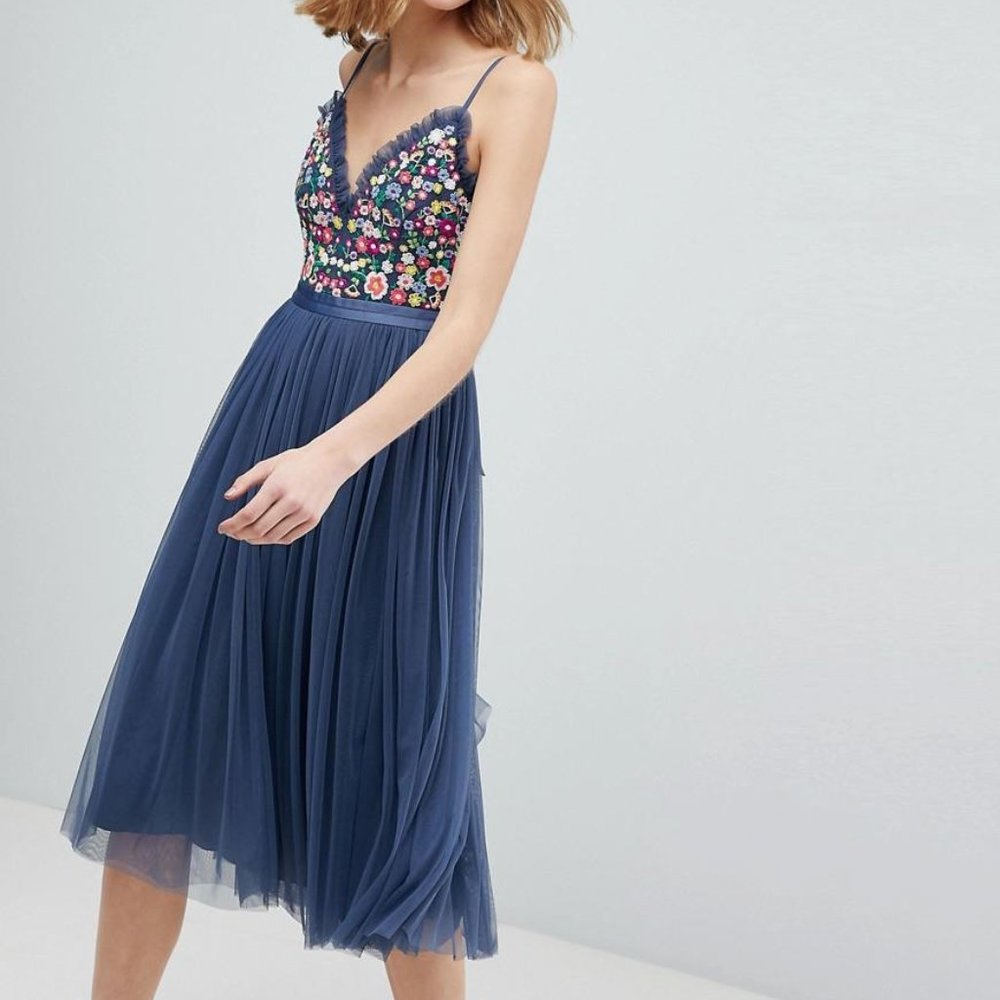 Needle & Thread blue floral midi length dress